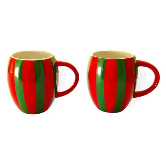 CHRISTMAS MUGS Red Green Striped Holiday Ceramic Coffee Mugs Set of 2 Cups NEW - Picture 4 of 6